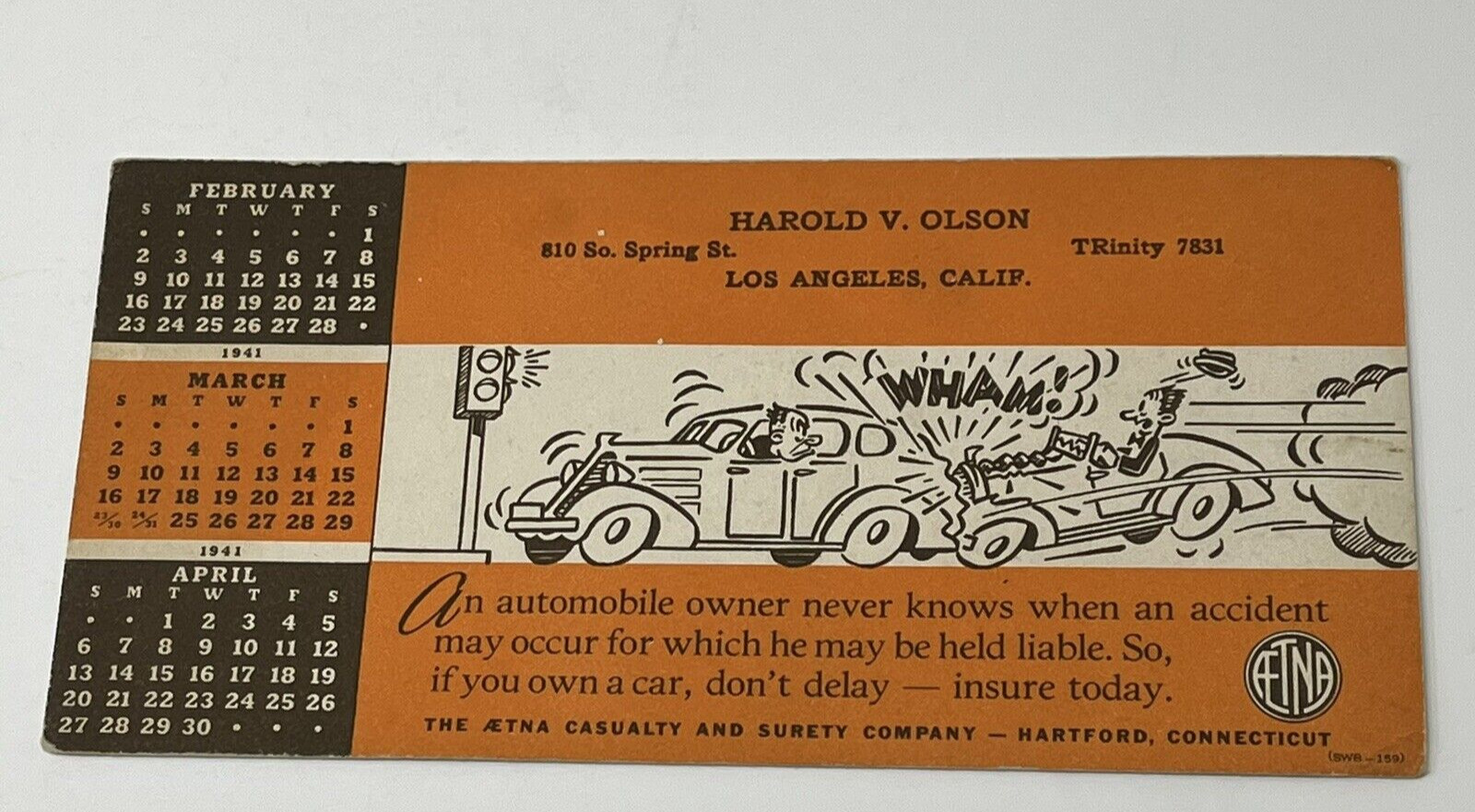 1941 Aetna Insurance Harold Olson Los Angeles CA Advertising Ink Blotter Card