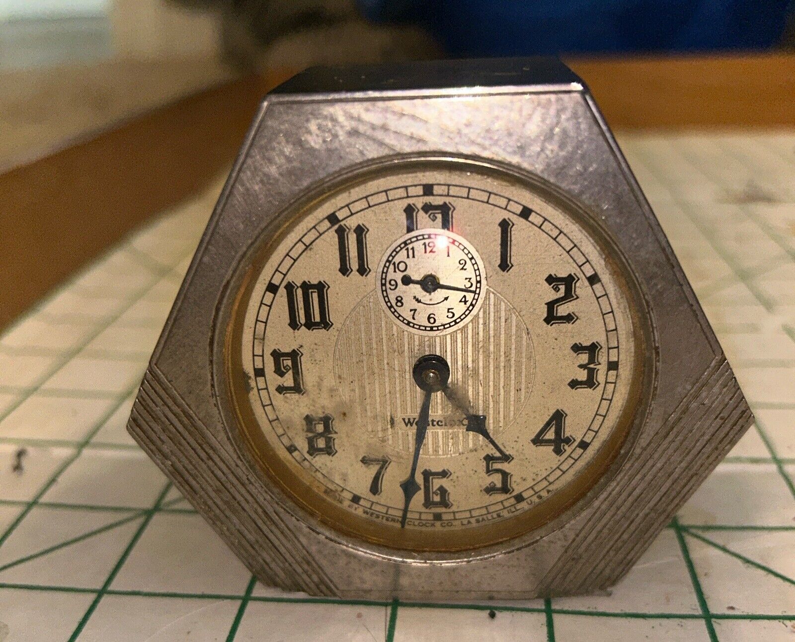 Vintage Westclox Alarm Clock Art Deco Silver Tone Model 61-F  Complete