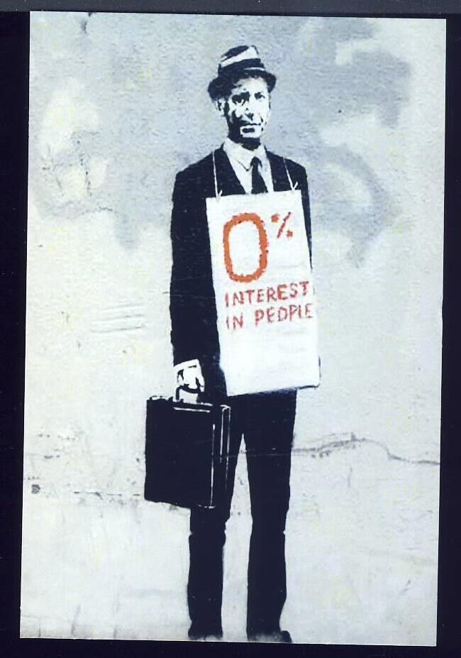New Postcard, BANKSY Street Art Graffiti, Businessman 0% Zero Percent Interest i