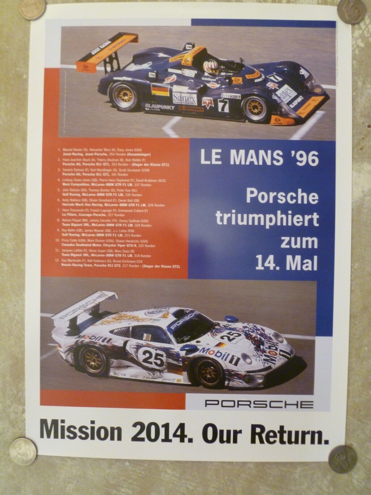 1996 Porsche WSC & GT1 Le Mans Mission Showroom Advertising Sales Poster - RARE