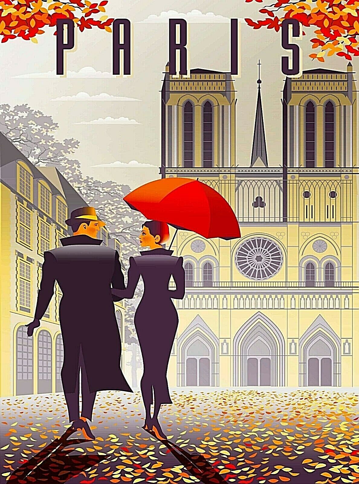 Notre Dame Cathedral Paris France Autumn Retro Travel Art Poster Print