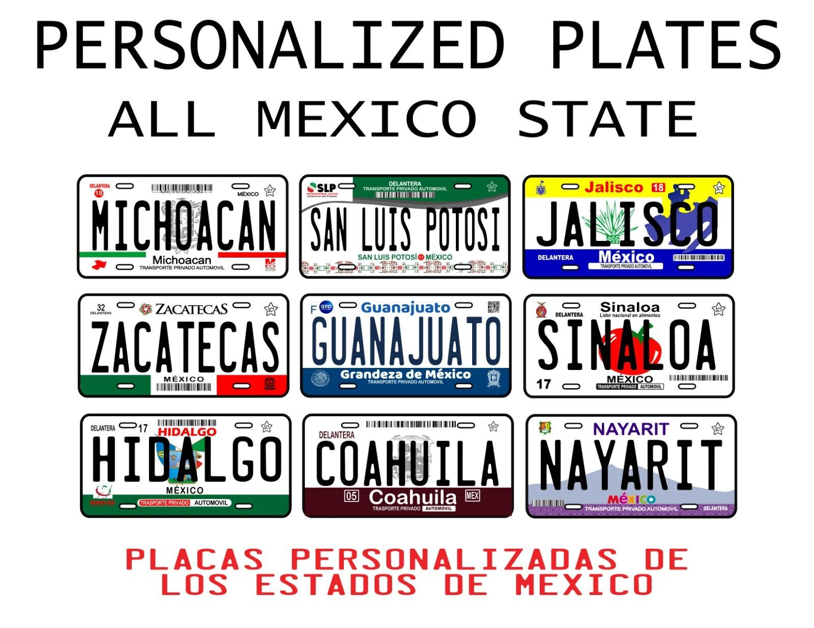 PLACA DECORATIVA AUTO ESTADOS MEXICO/ Placas Personalizadas Carro Estados Mexico