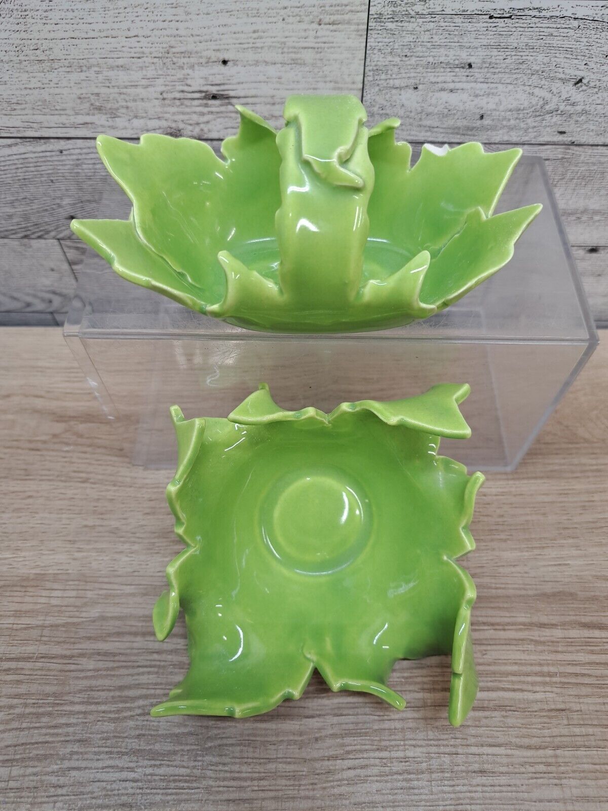 Pair Green Art Pottery Abstract Style JB Signed USA Chartreuse