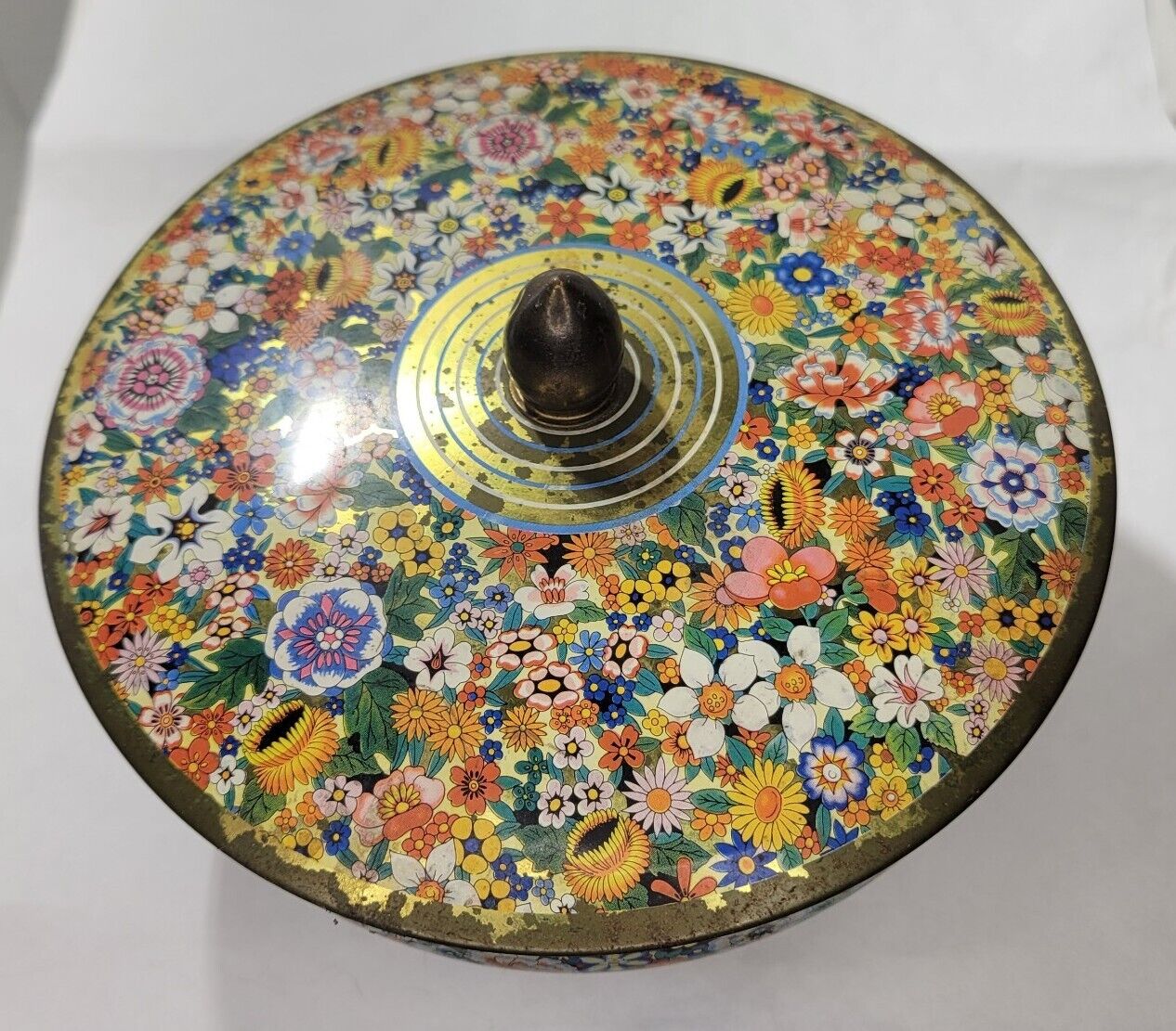 1960’s Floral Metal Biscuit Tin  Round with lid Made In England 