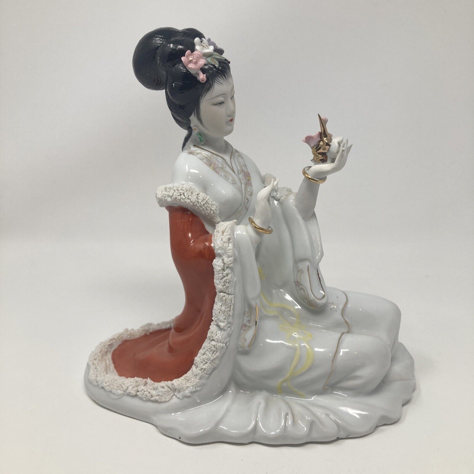 Large Geisha Porcelain Figurine. Approximately 9” Tall, 8.5” Long. Beautiful 