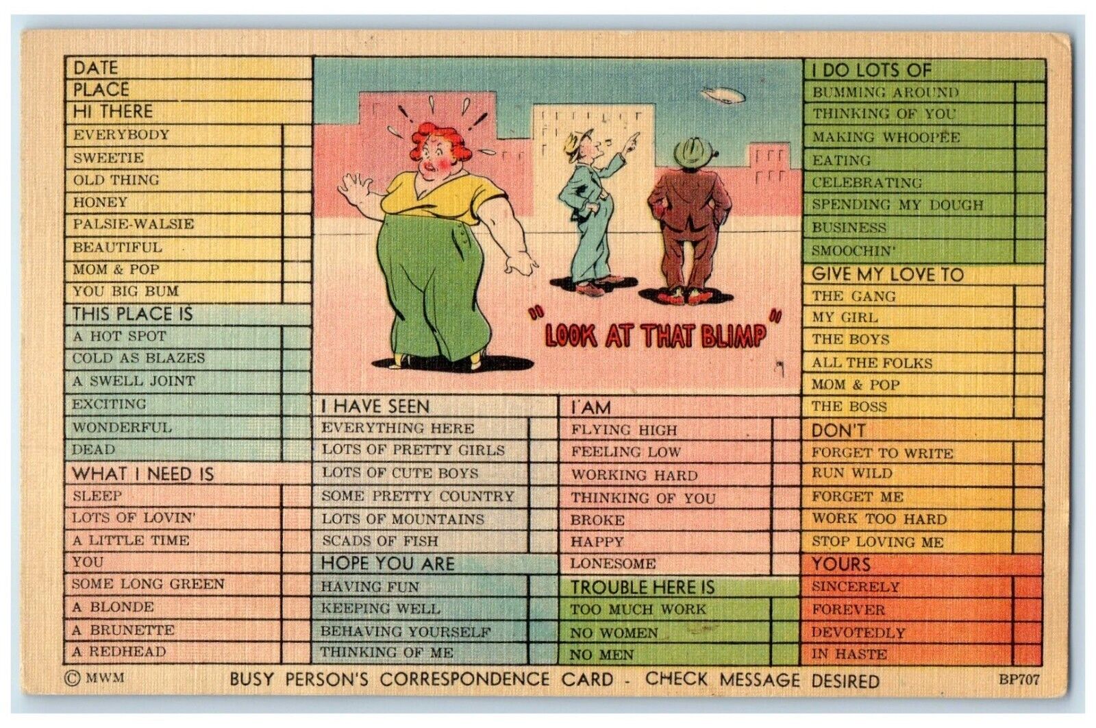 c1930's Fat Woman Blimp Checklist Correspondence Unposted Vintage Postcard