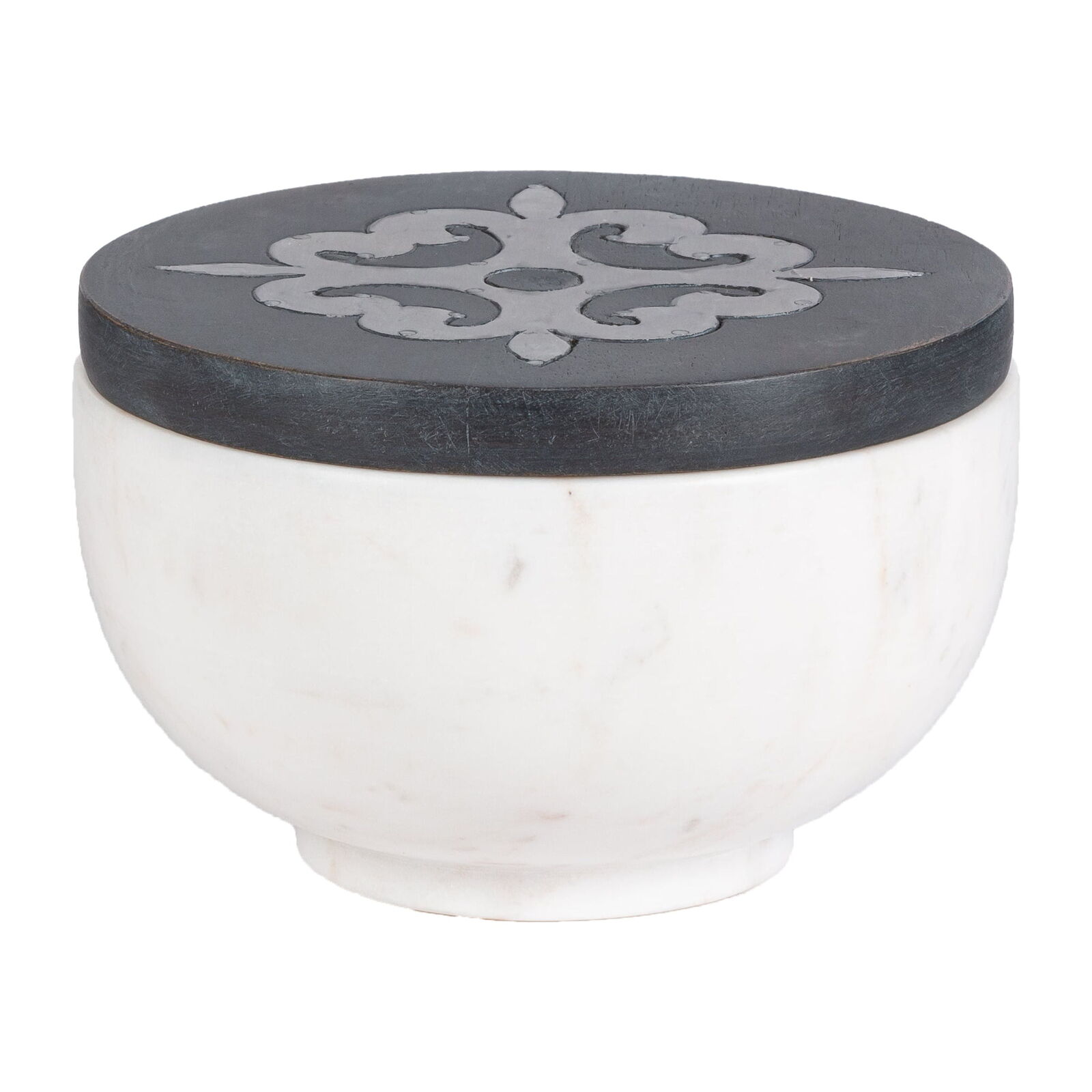 White marble small canister with gray-washed metal-inlay lid