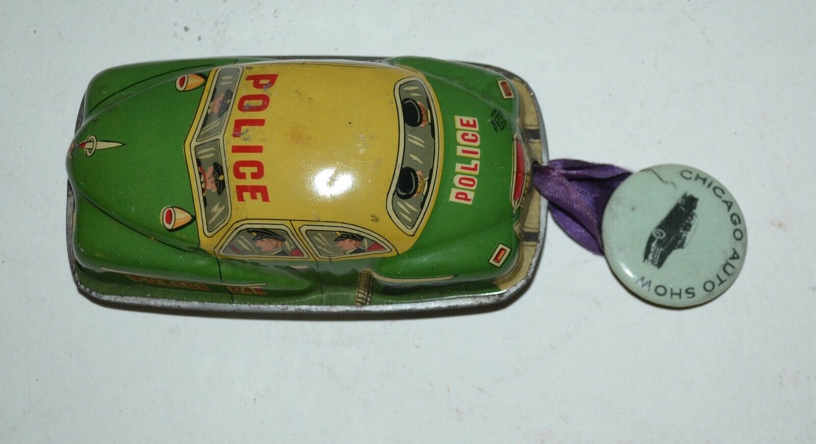 Vintage 1950s Chicago Auto Show Giveaway Friction Police Car & Pinback Button