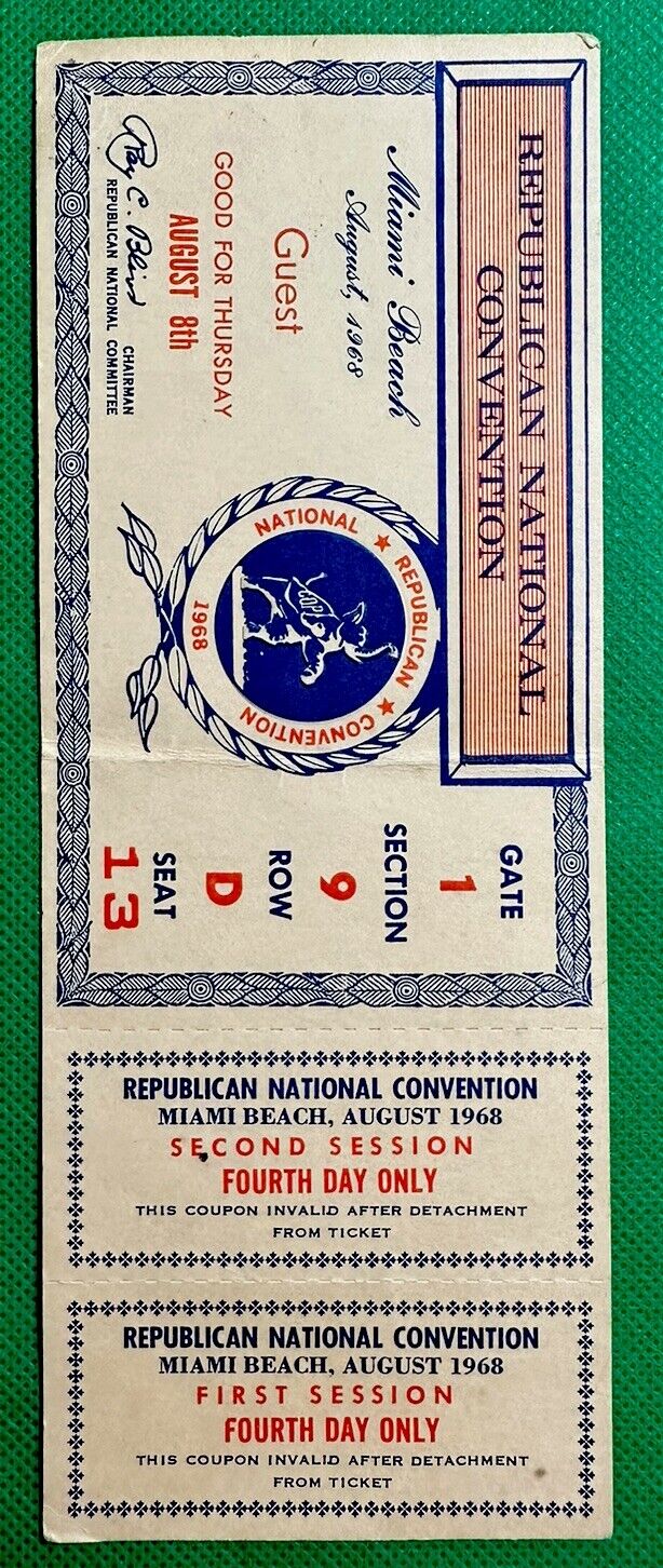 1968 Republican National Convention Miami Beach Fl August 8th Guest Ticket VG++
