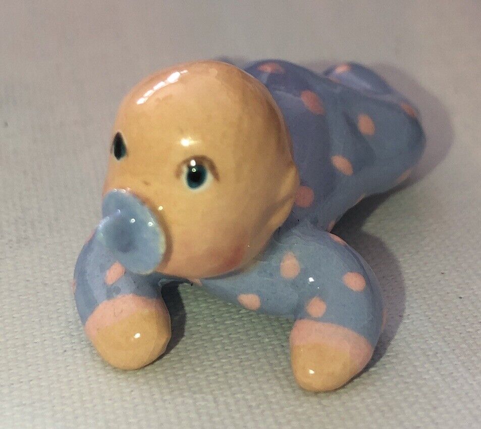 Handmade Artist JC Canada Clay Pottery Baby Crawling Polka Dot Romper 1.75” Long