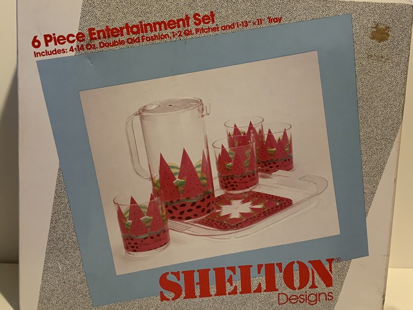 Vintage Edgar Watkins Shelton Designs Acrylic Watermelon Pitcher Tray Cups NOS 
