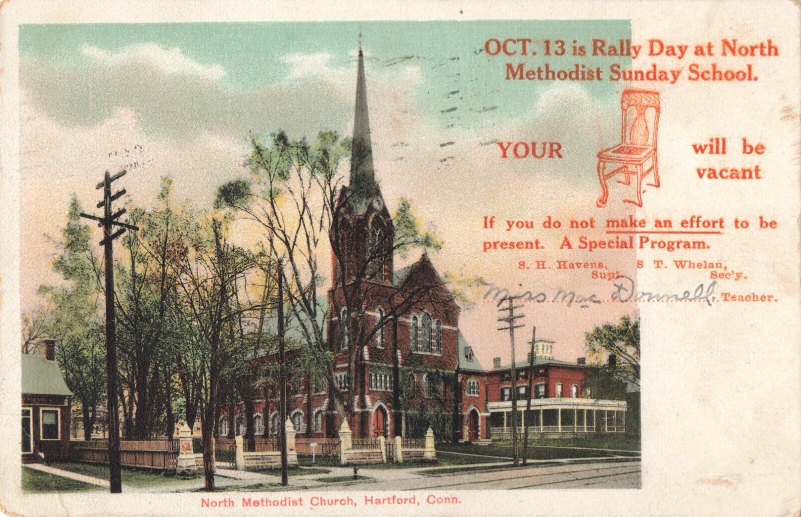 Hartford CT Connecticut, North Methodist Church Rally Day, Vintage Postcard