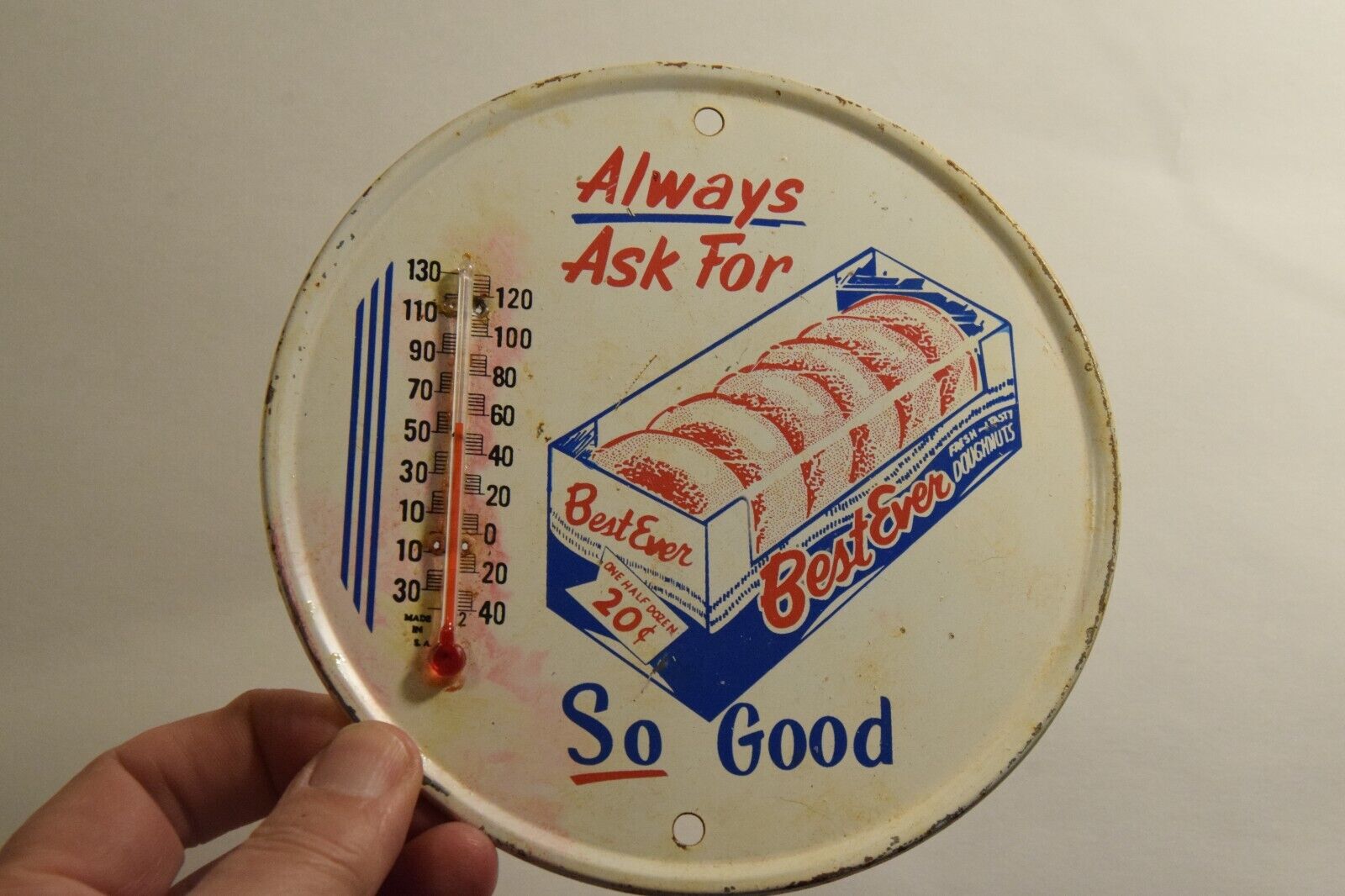 RARE 1960s BEST EVER DONUTS PAINTED METAL THERMOMETER SIGN BAKERY BREAD TREATS