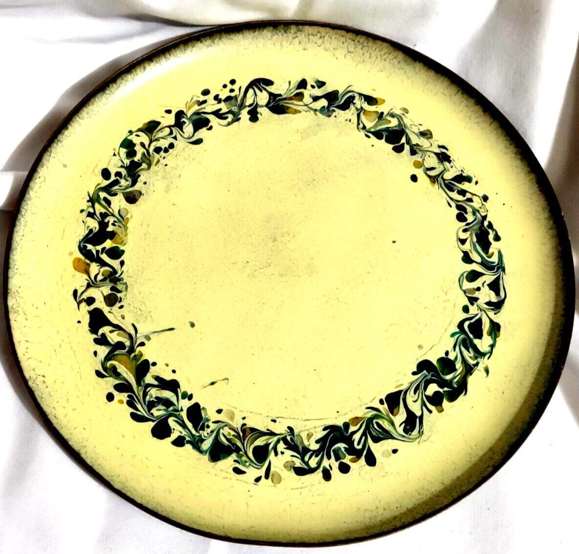 Yellow Enamel Copper Dish Signed Plate Green Wreath Gertrude Wood 1963 VTG MCM