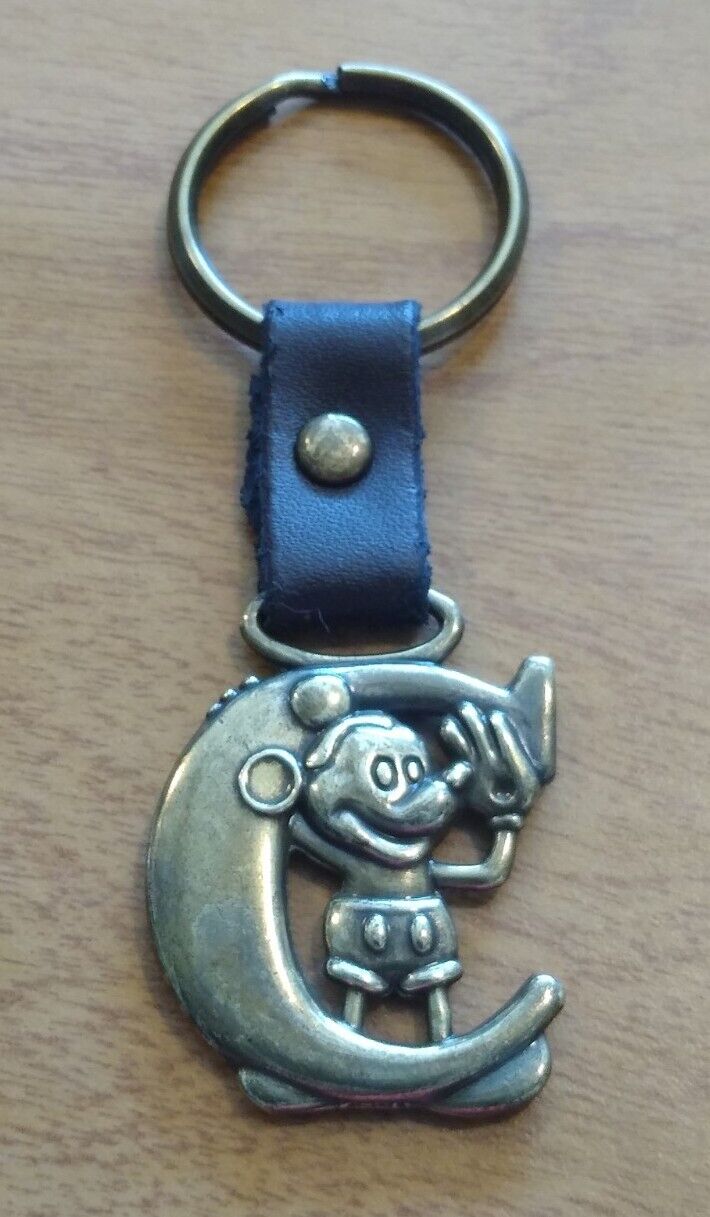 Vintage Disney Mickey Mouse Letter C Brass Keychain Key Ring SHIPS FREE