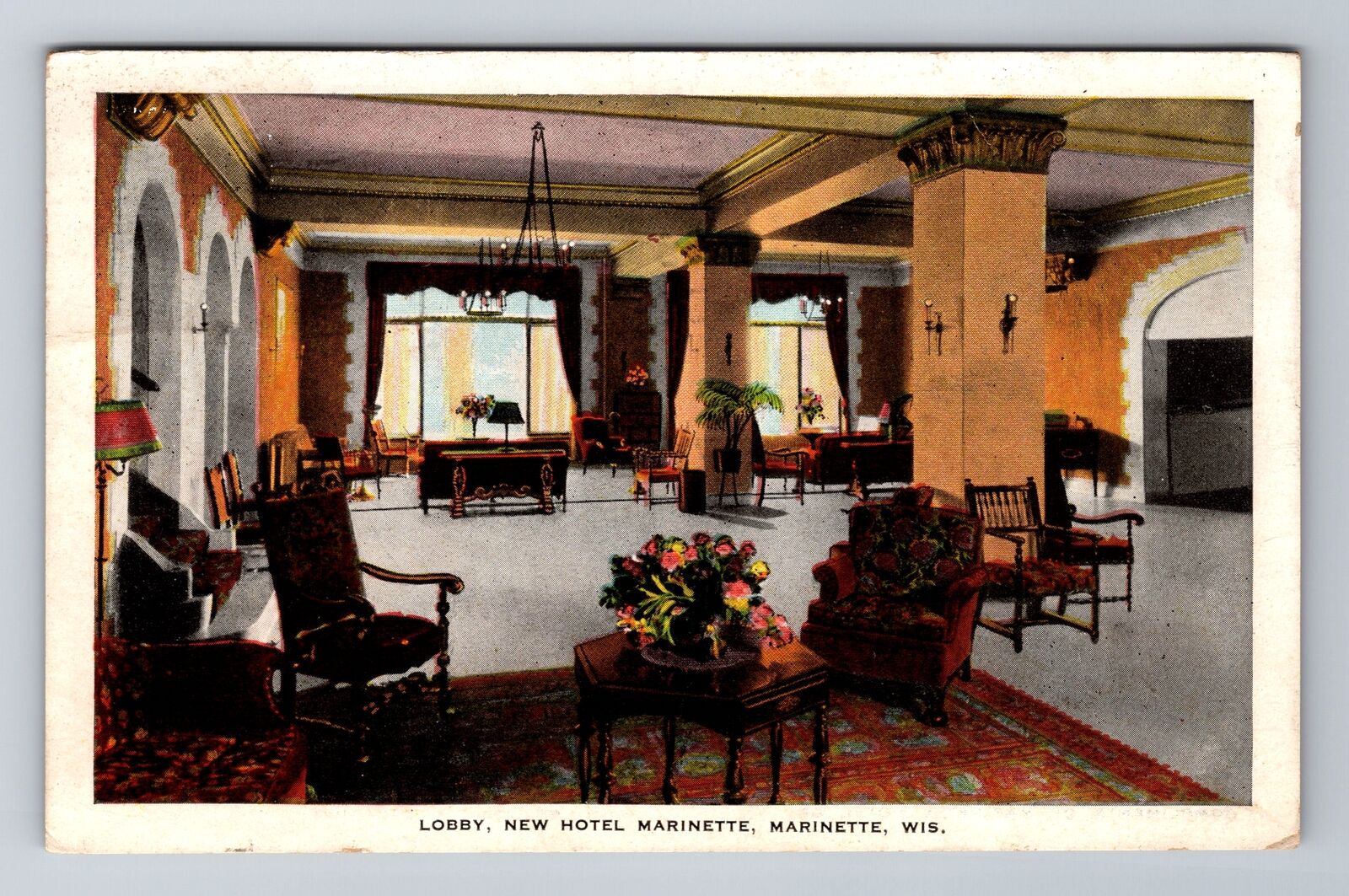 Marinette WI-Wisconsin, Lobby, New Hotel Marinette, Vintage c1937 Postcard
