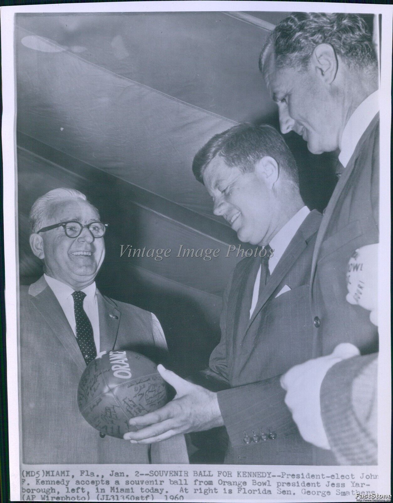 1960 J F Kennedy Pres-Elect Orange Bowl Jess Yarborough Politics Wirephoto 7X9