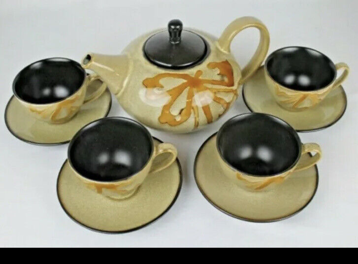 Pier 1 Imports Kioko Stoneware Tea Set - Teapot, 4 Cups & Saucers, Hand Painted