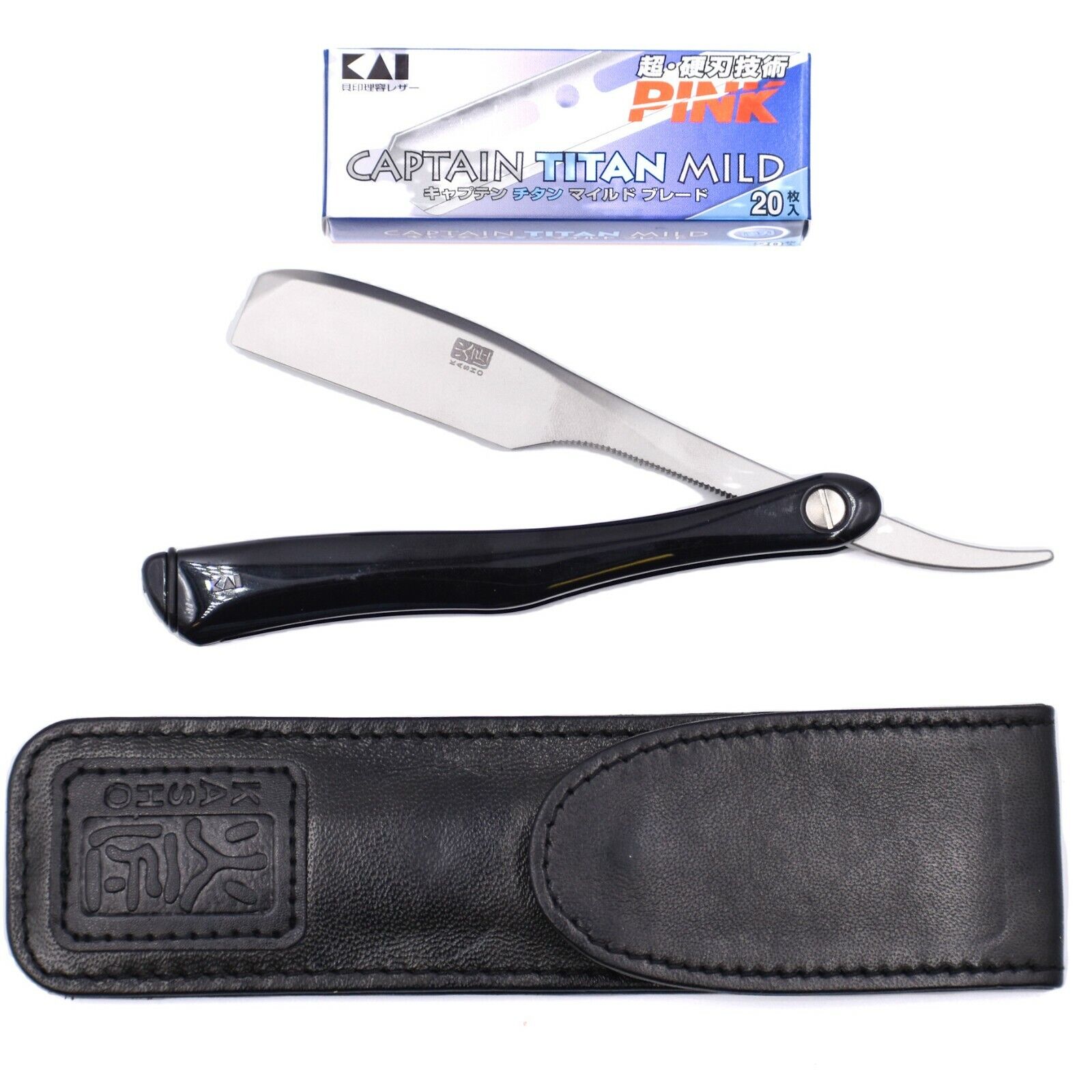 Kai Kasho Captain Professional Folding Straight Barber Razor Leather Case Blades
