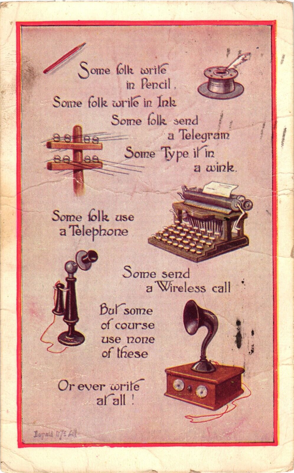 1932 Comic Artist Donald McGill Communication Ink Telegram Phone Postcard