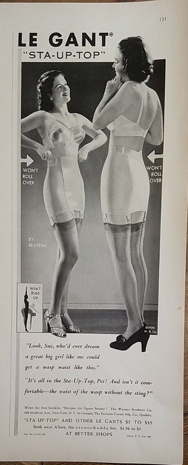 1939 Warners LeGant girdle bra garters women's vintage fashion ad
