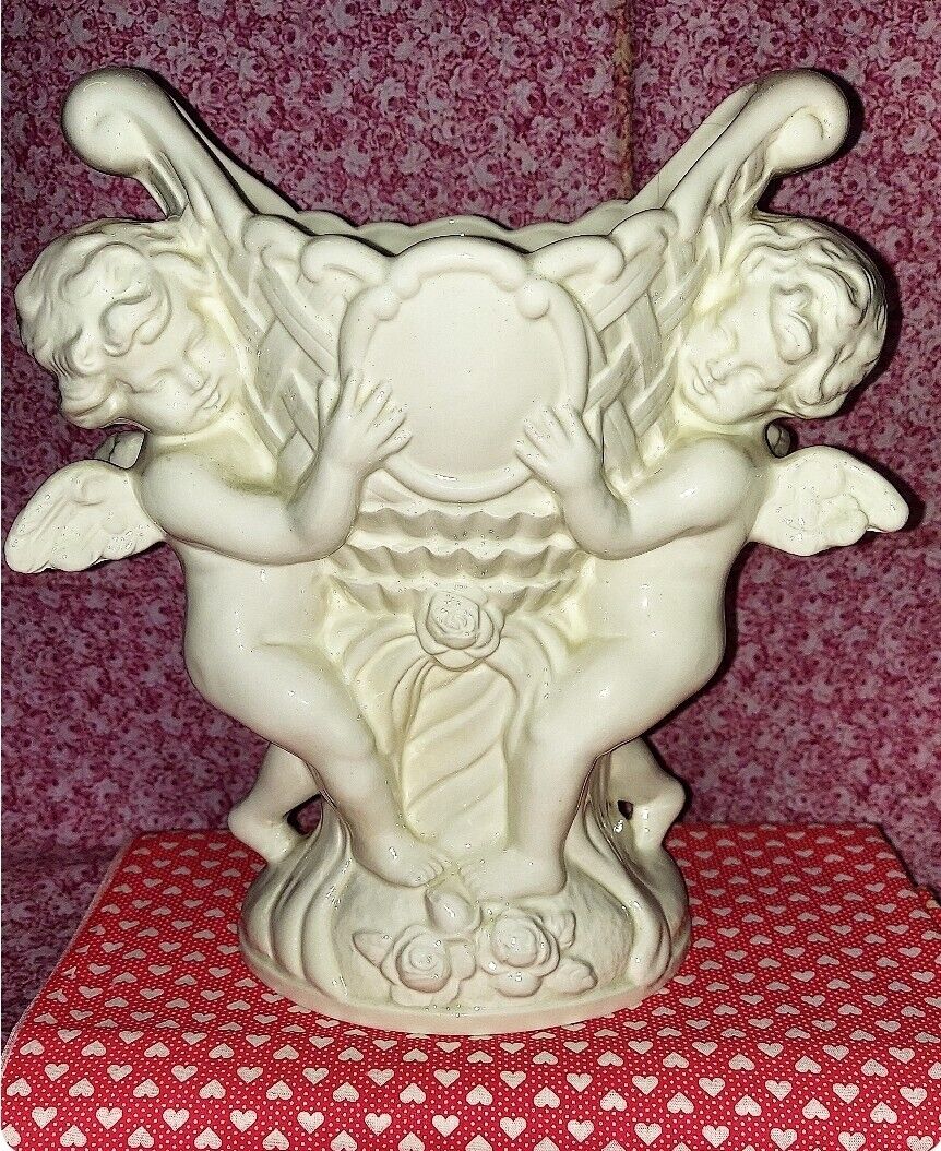 Vintage Cherub Angels Planter/Vase Porcelain Roses Two Cherubs Wings VALENTINE 