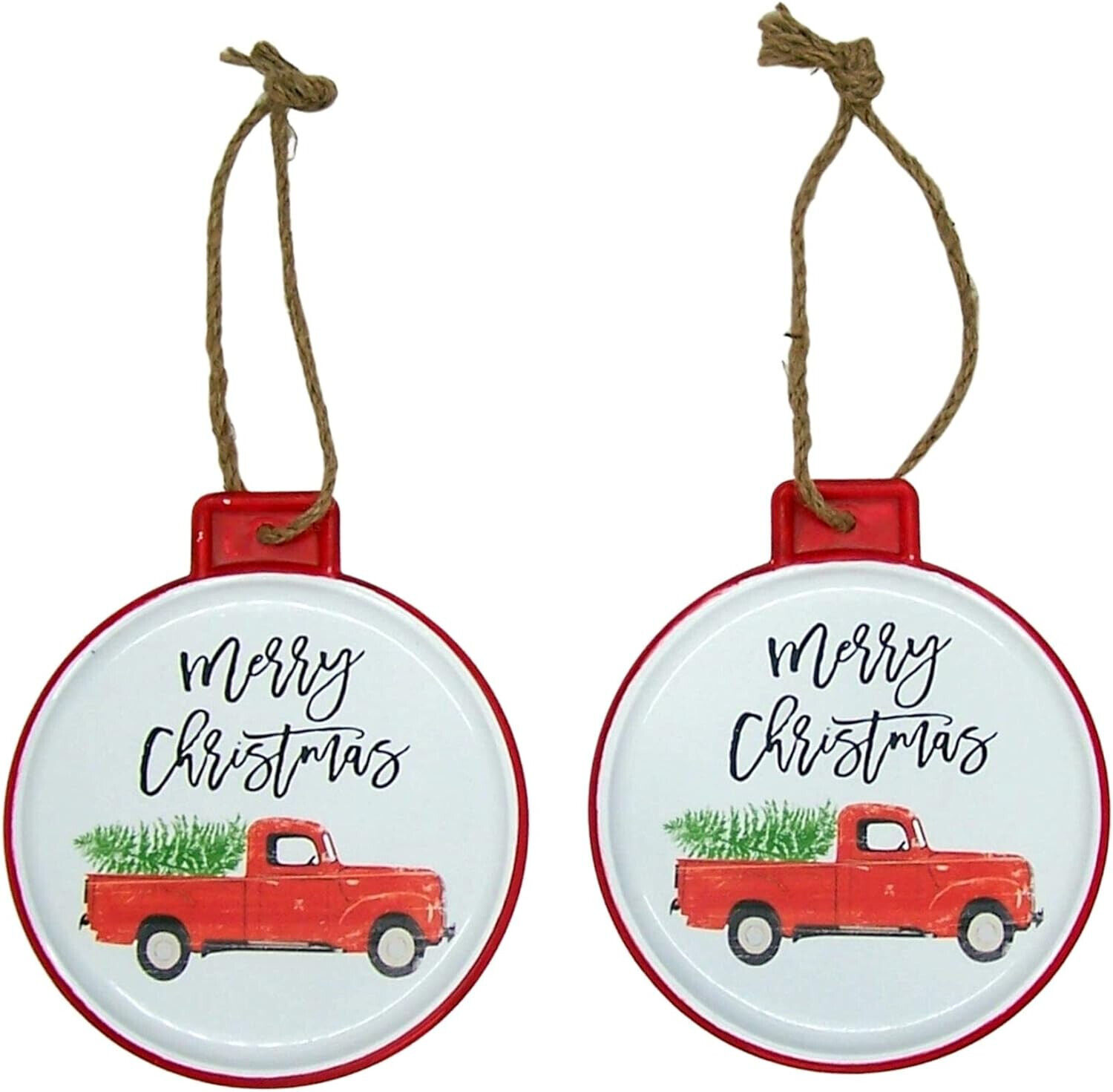 Set of 2 Round Tin Merry Christmas Ornaments, Festive Hanging Holiday Decor
