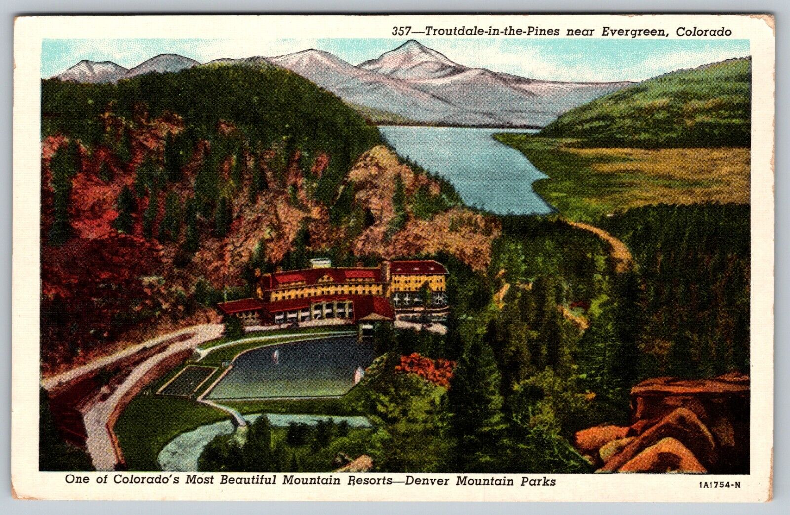 AERIAL TROUTDALE IN THE PINES EVERGREEN CO COLORADO  ANTIQUE  VINTAGE POSTCARD
