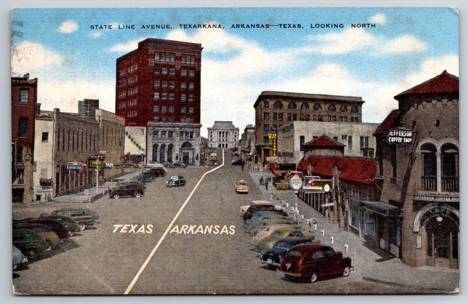 State Line Avenue Texarkana Arkansas Texas Looking North Old Cars Postcard