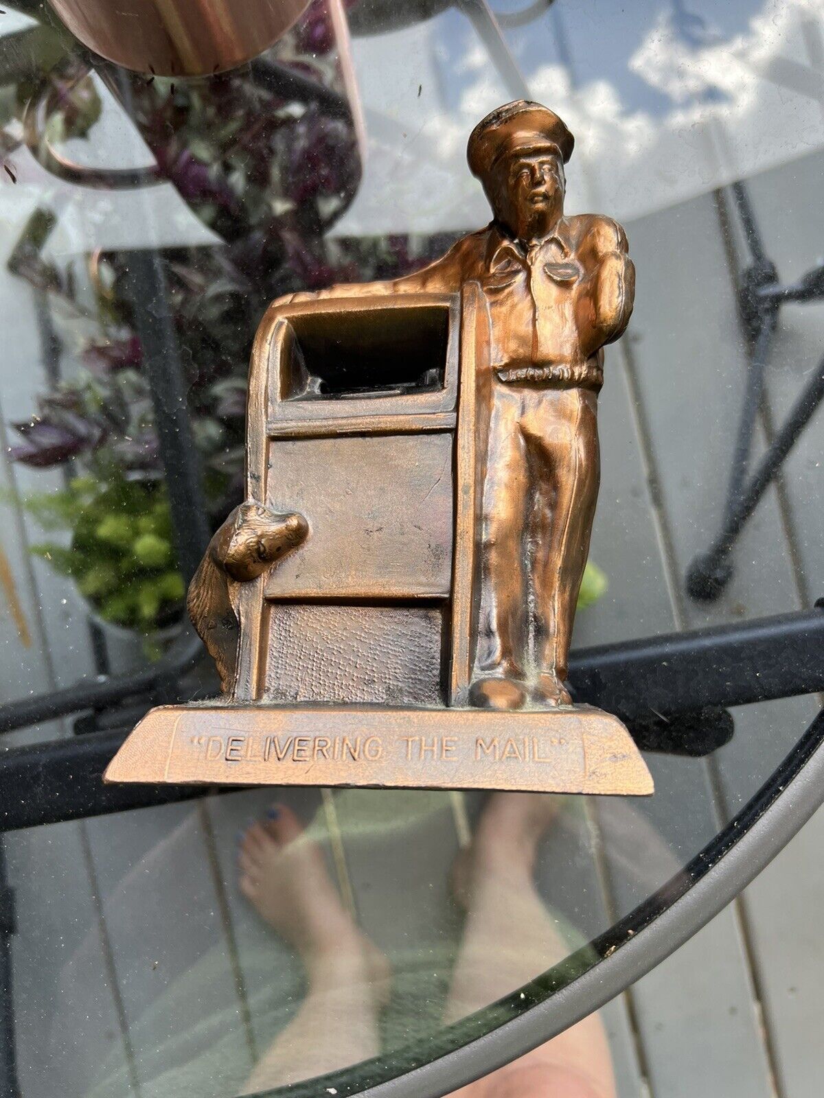 Vintage USPS Mailman Delivering The Mail Copper Tone Metal Coin Bank - USA Made