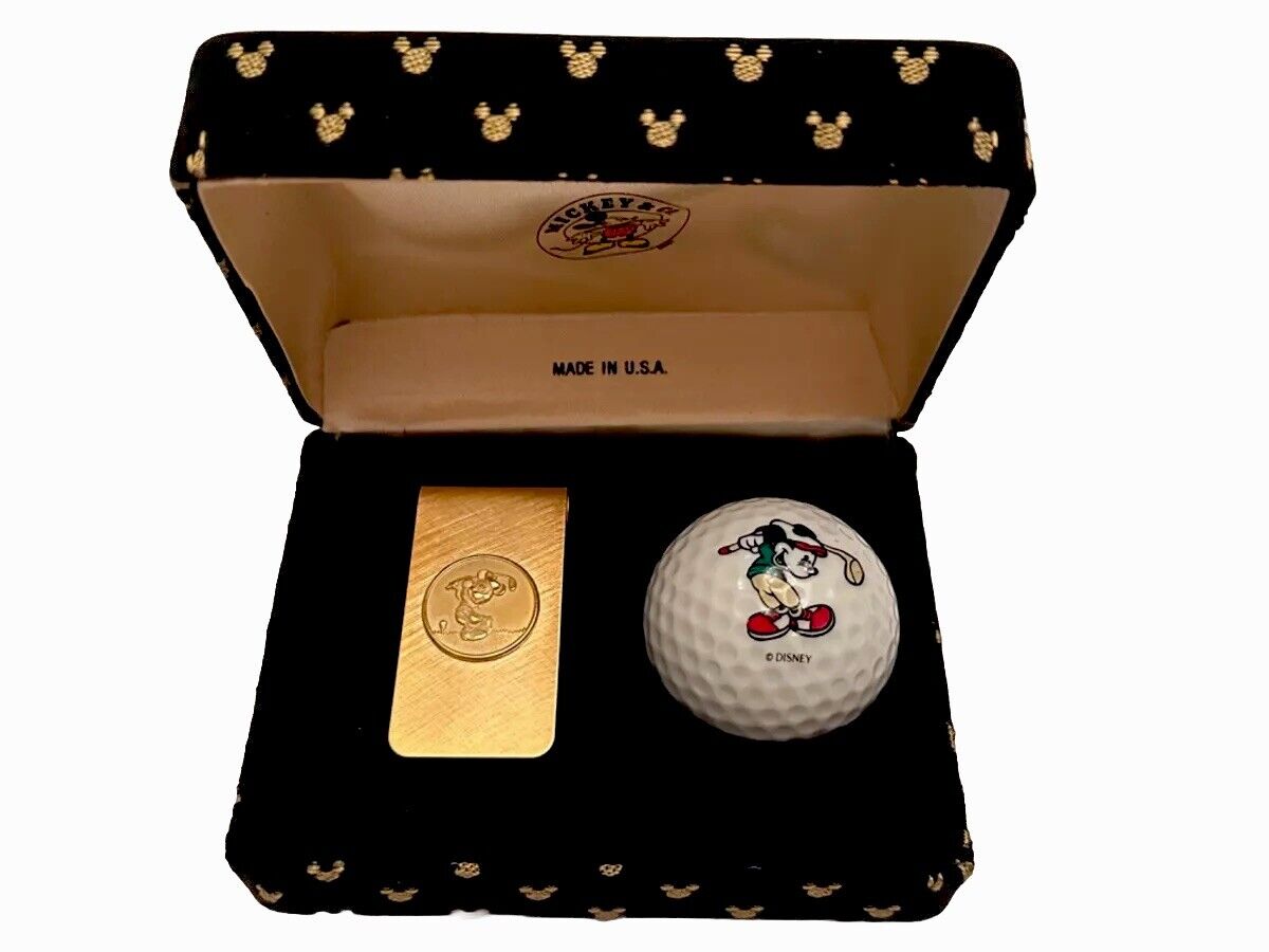 Vintage Disney Golfing Mickey Mouse Gold  Toned Metal Money Clip & Golf Ball