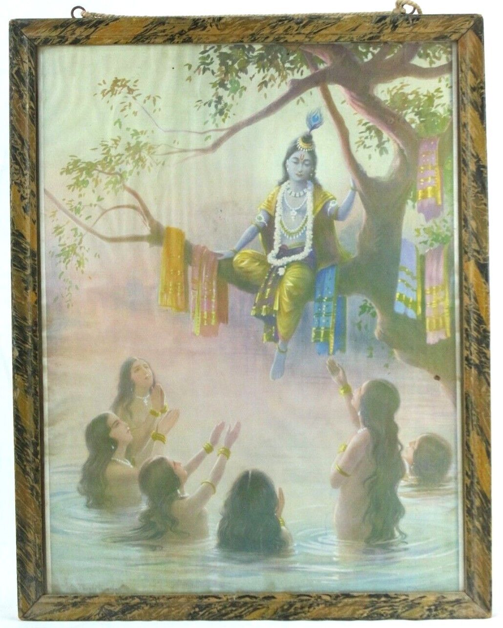 Antique Frame Capturing Lord Shree Krishna's Playful Act of Stealing Gopis Cloth