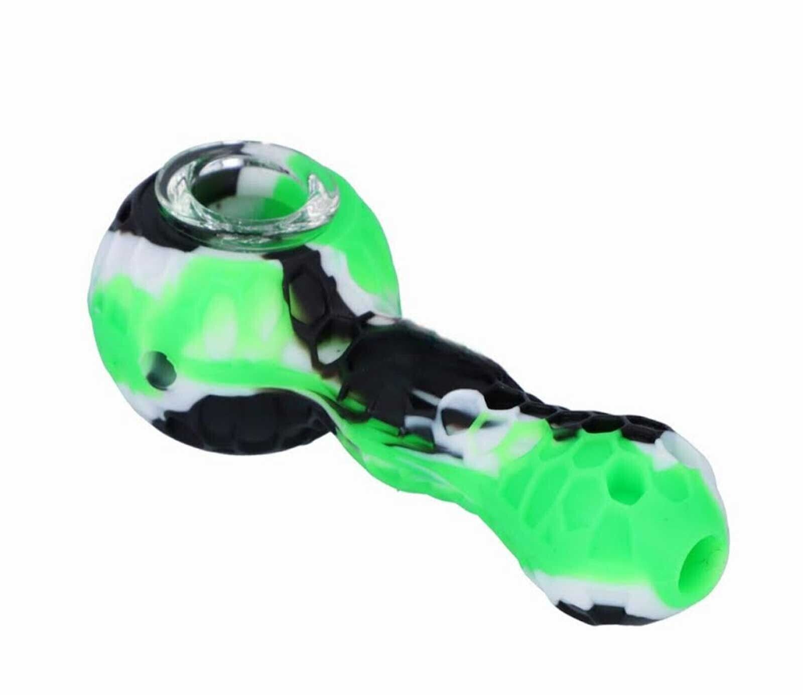 Unbreakable Silicone Tobacco Smoking Pipe w/ Glass Bowl Red Yellow & Green