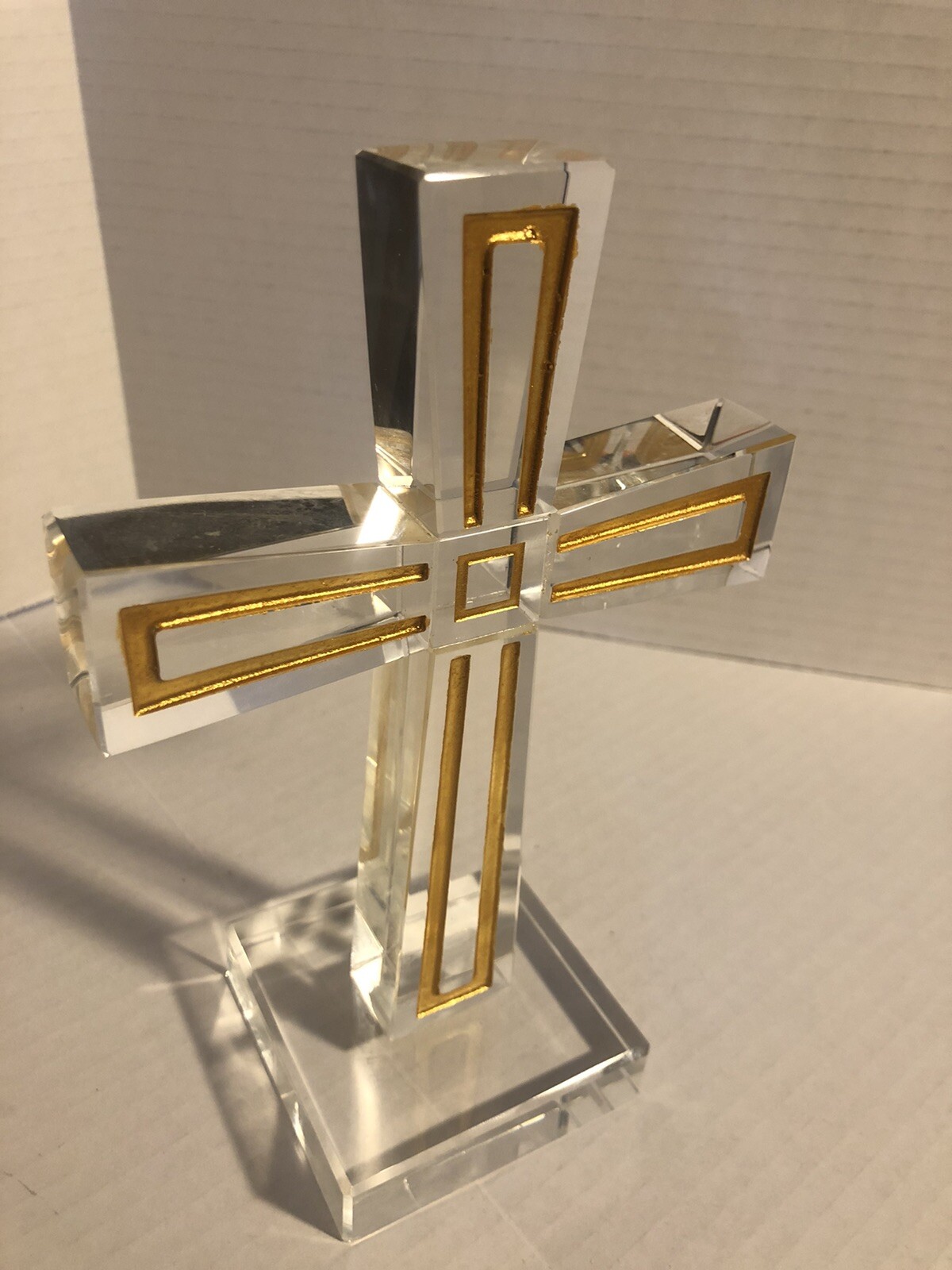 OLEG CASSINI GLASS CRYSTAL CROSS GOLD ACCENT CROSS FIGURINE PAPER