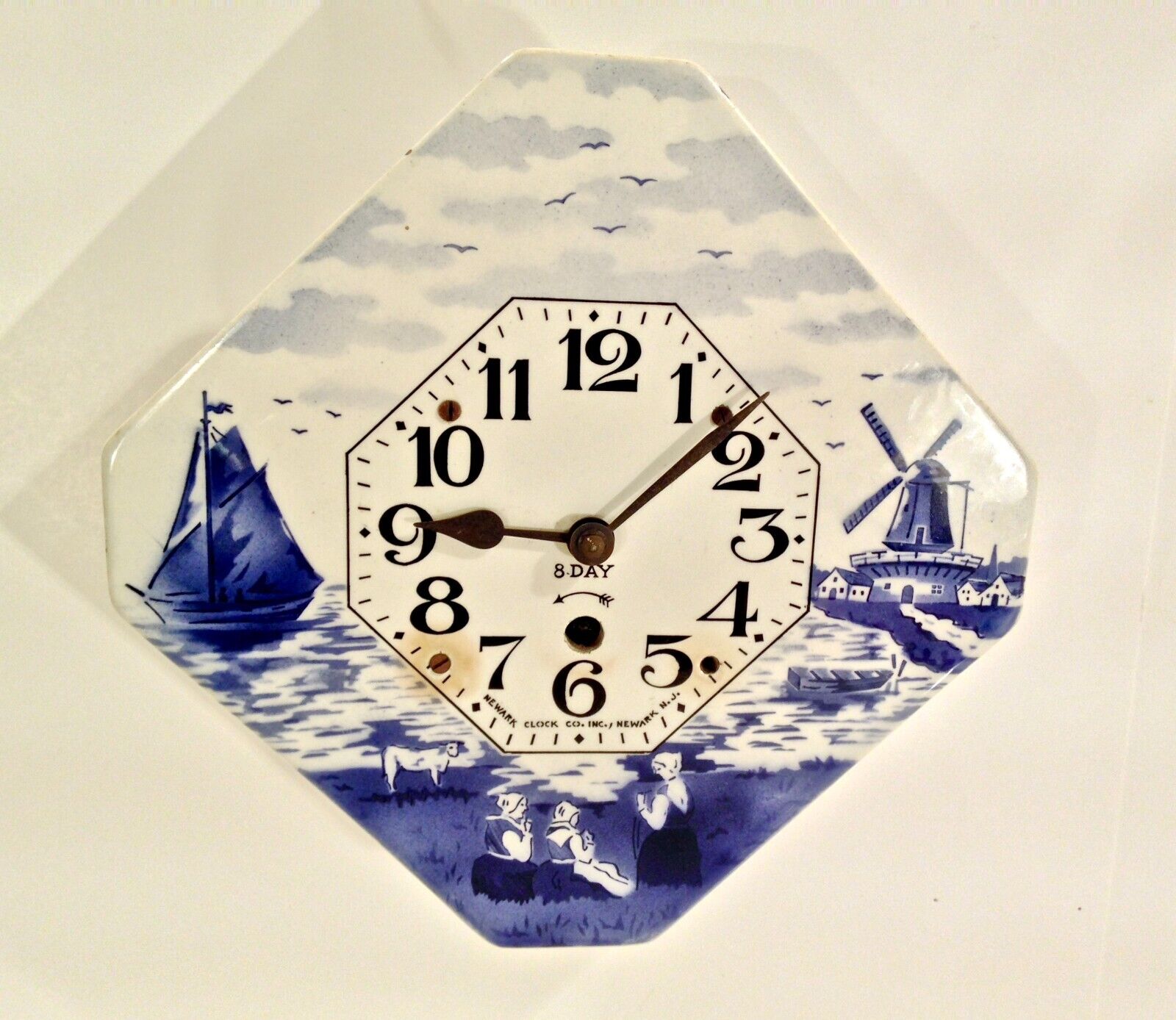 Vintage Newark Clock Co  NJ Delft Type 8 Day Clock W/ Porcelain Enamel Face Nice