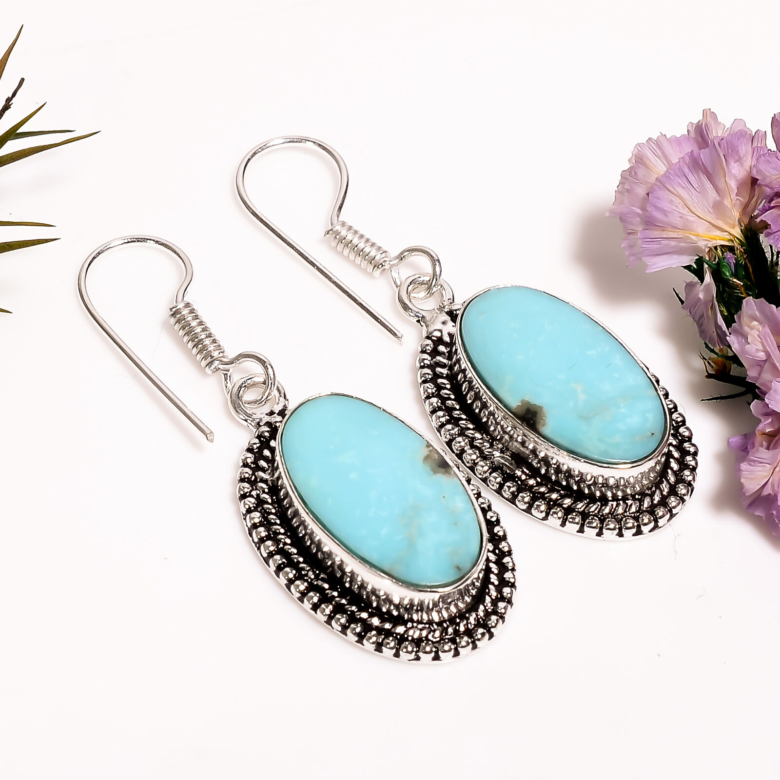 Turquoise Stone Vintage Handmade Jewelry.925 Silver Plated Earrings 1.6\
