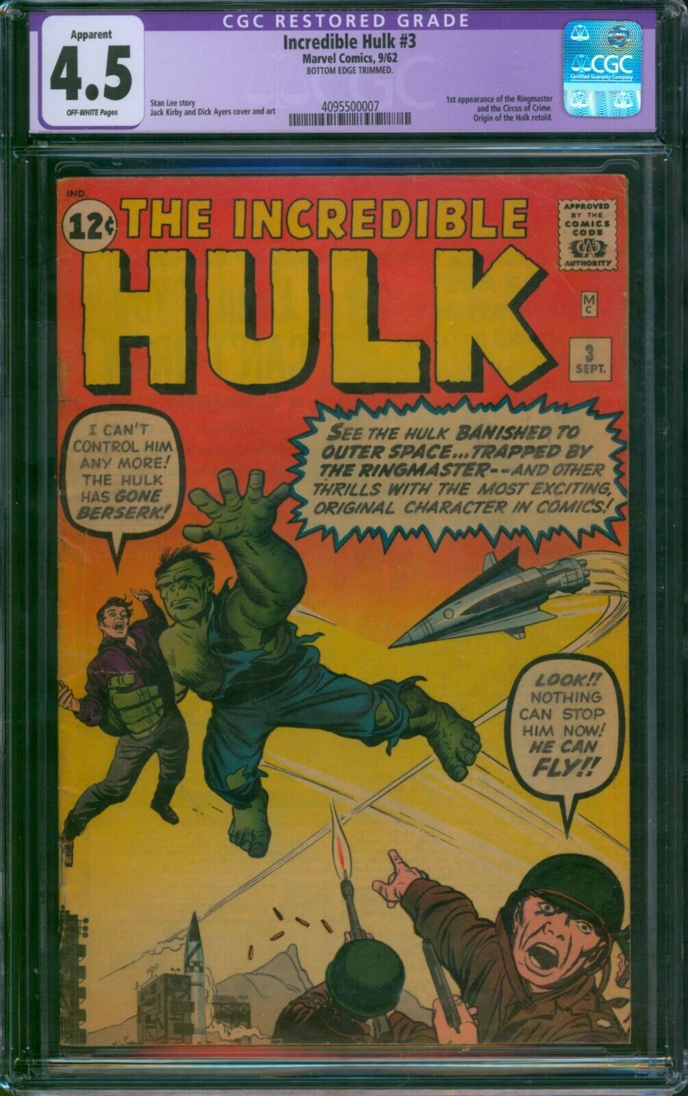 Incredible Hulk #3 (1962) ⭐ CGC 4.5 Restored ⭐ 1st Ringmaster & Circus of Crime