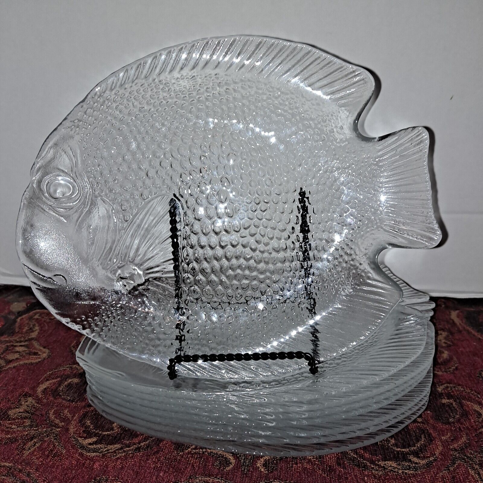 Lot of 8 Vintage Arcoroc France Large Clear Glass Fish Shaped Snack Plates 10''