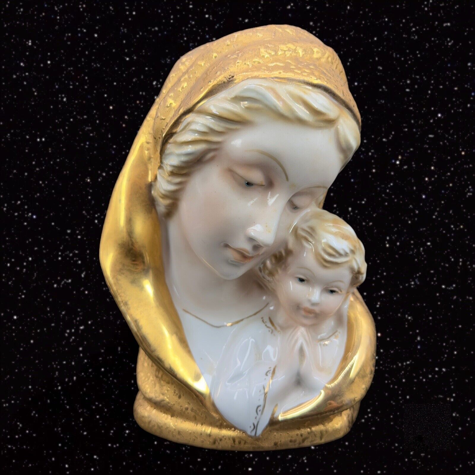 Madonna And Child Hand Painted Porcelain Figurine Bust Gold Textured Vintage