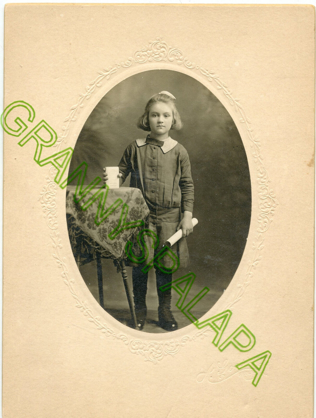 Antique Photo-Cute Little Girl Standing-Holding Rolled Paer & Bible (Book?) 8x6