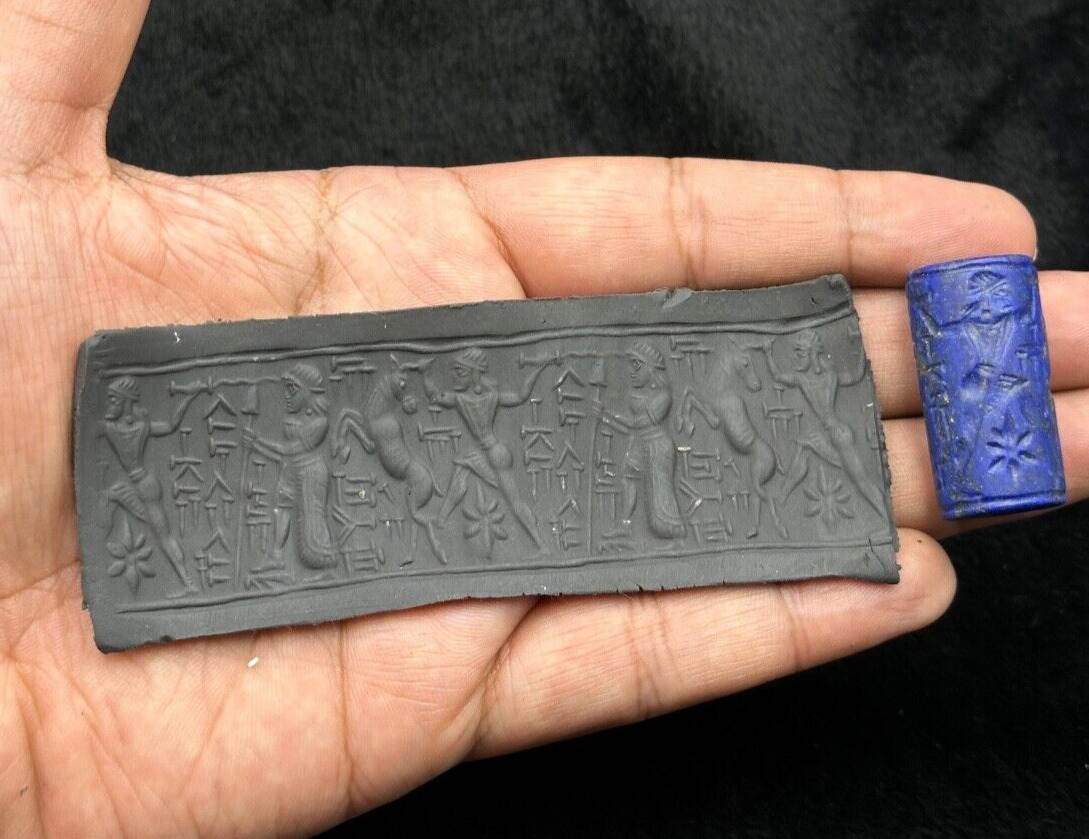 Ancient Cylinder Seal Stamp Bead Lapis Lazuli Stone Babylon Intaglio Roll Beads