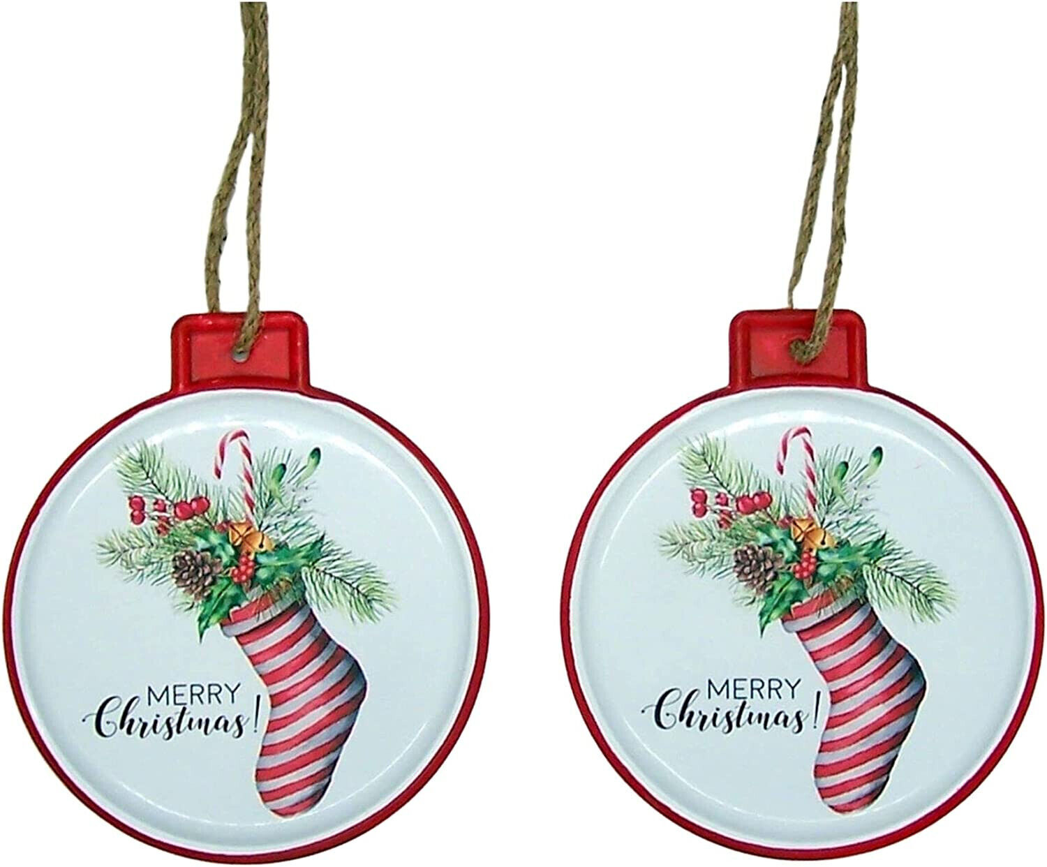Round Tin Merry Christmas Ornaments with a Stocking, Holiday Decor, Set of 2