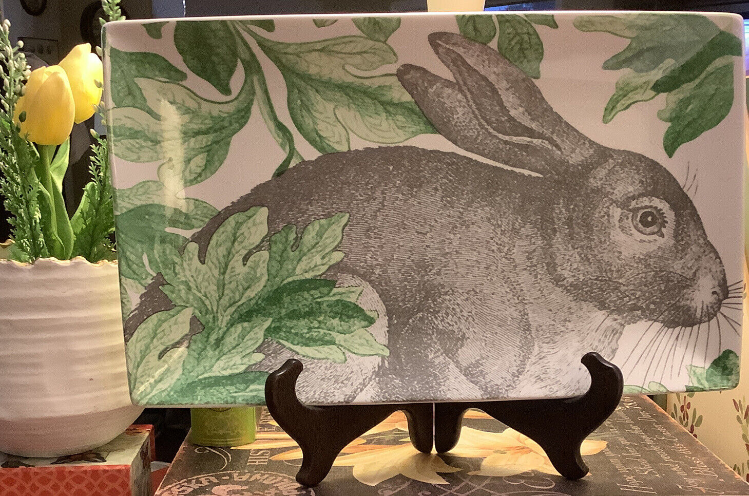 Artistic Accents~Rabbit/Bunny Tray~14.25”L~Green/Grey/White~Porcelain~Lovely 🐇
