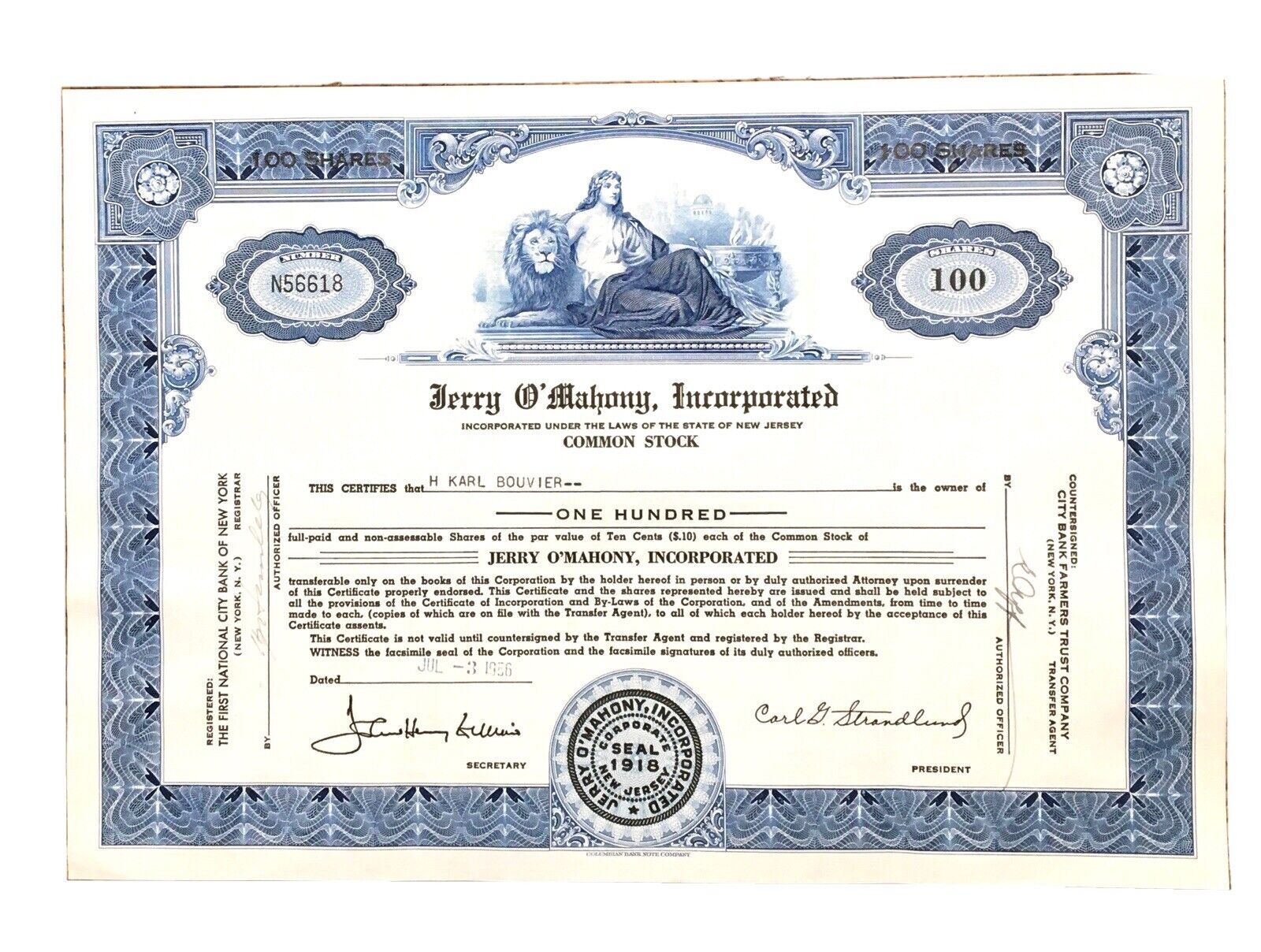 Jerry O’Mahoney Inc. American Diner Registered Vintage Color Stock Certificate