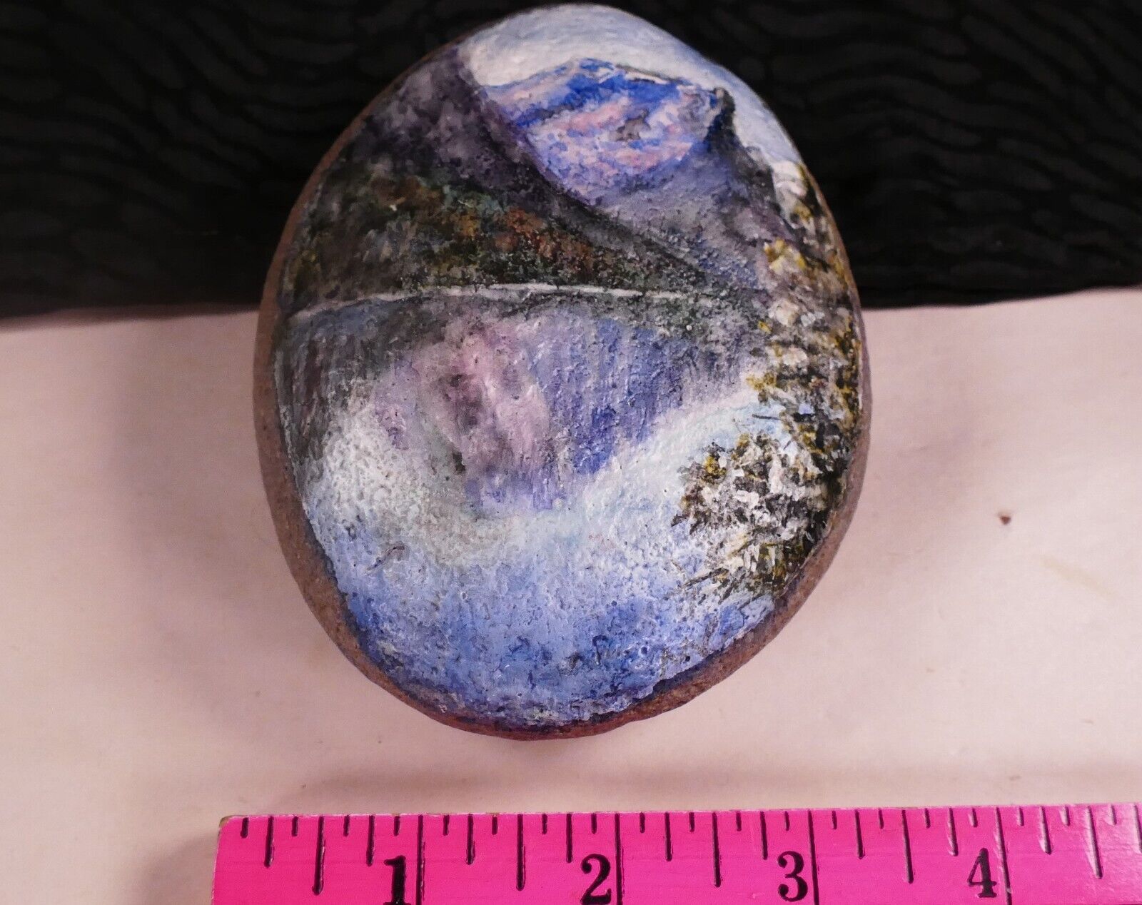Artist Painting PAINTED on ROCK River Mountains Reflection Paperweight Vintage