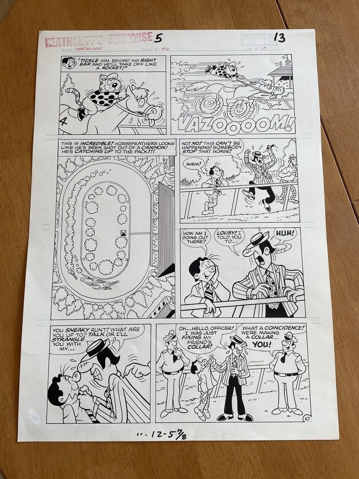 Heathcliff Funhouse #5 original comic art 1988 TICKLES HORSE TO WIN RACE JOCKEY