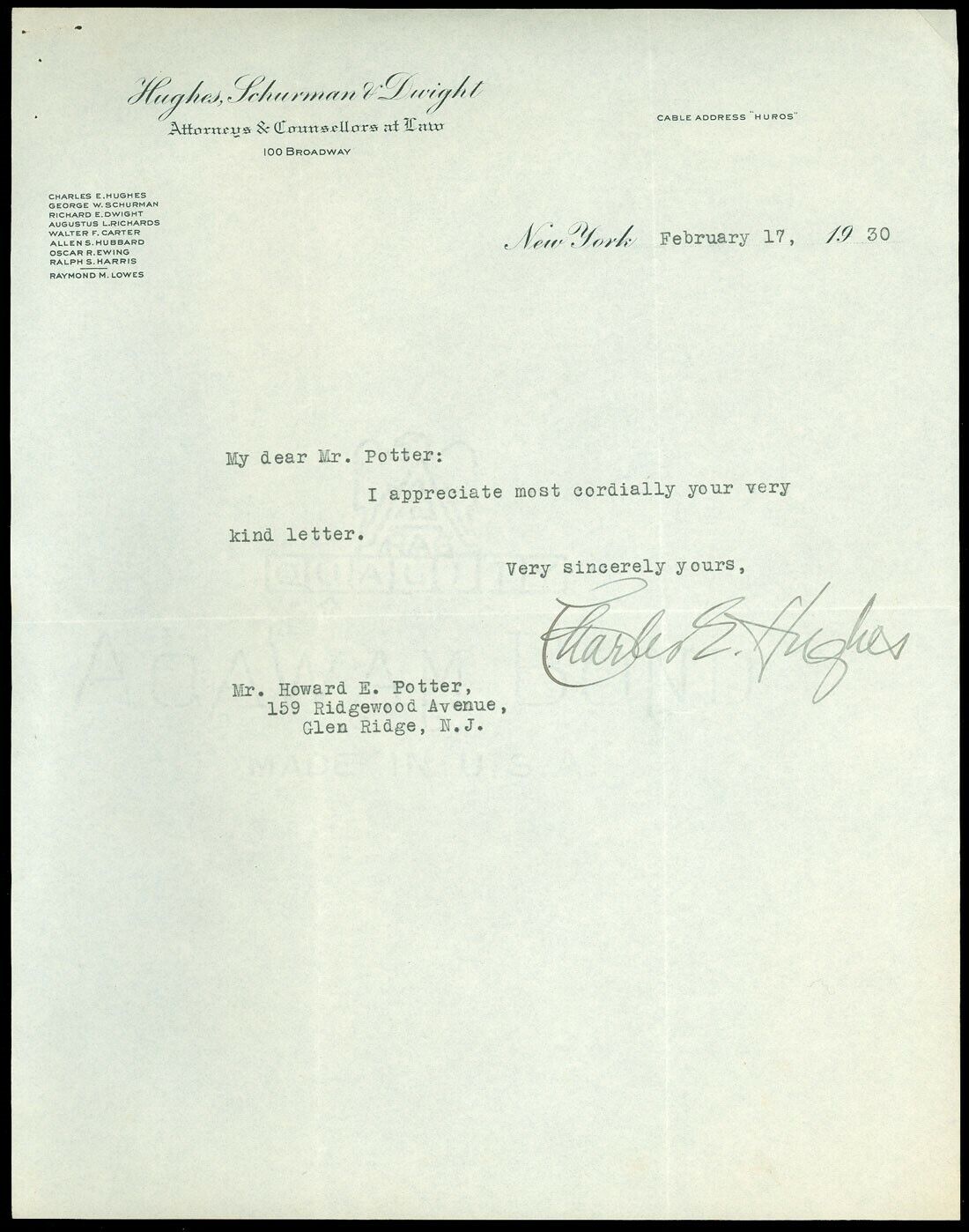 1930 CHARLES EVANS HUGHES SR. Signed Letterhead, US CHIEF JUSTICE, SECY of STATE