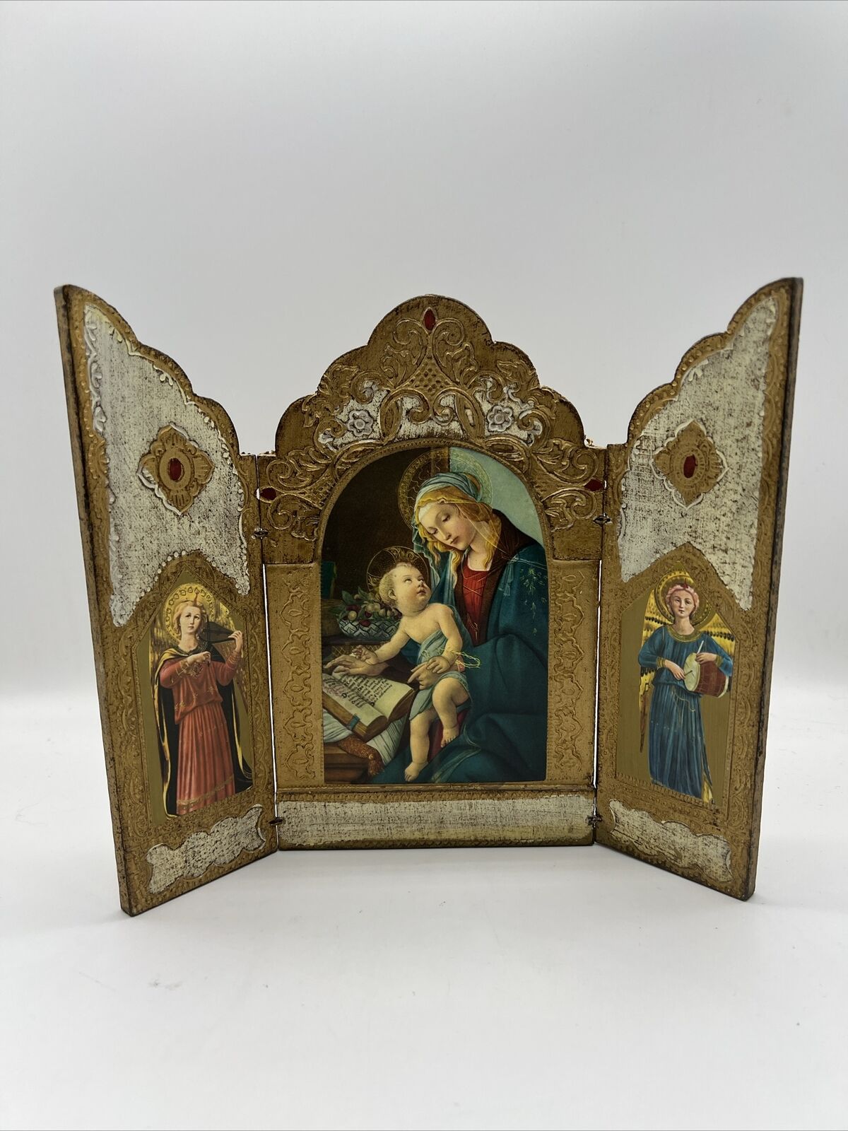 Italy  Italian Florentine Madonna Religious Prayer Triptych Gilt Gold Vintage
