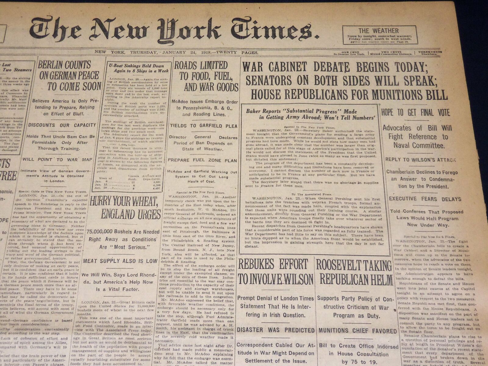 1918 JANUARY 24 NEW YORK TIMES - WAR CABINET DEBATE BEGINS TODAY - NT 7938