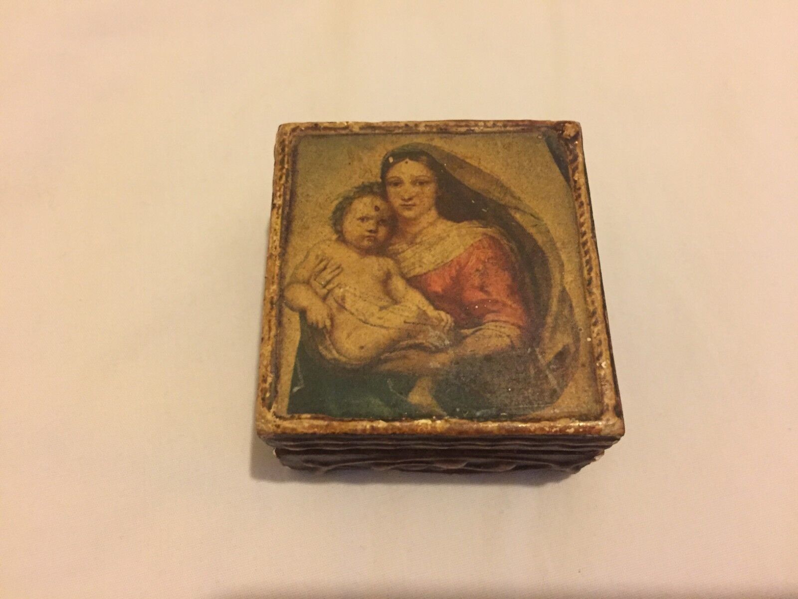 Antique Wood Trinket/Small Jewelry Box Raphael Sistine Madonna -Florence Italy